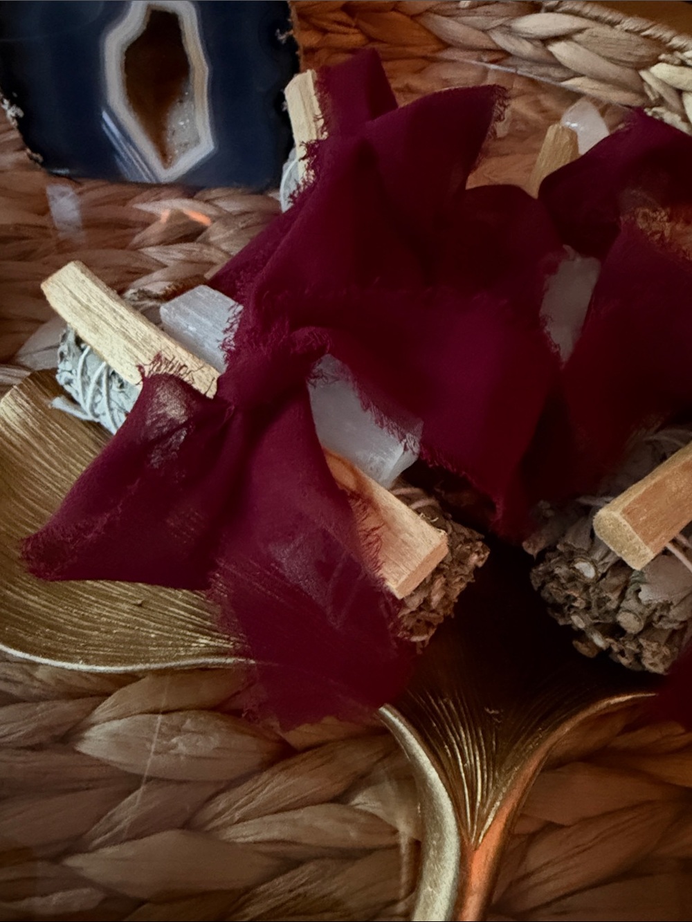 Burgundy Organza Ribbon Wrapped Sage Palo Santo & Selenite Crystal Bundle